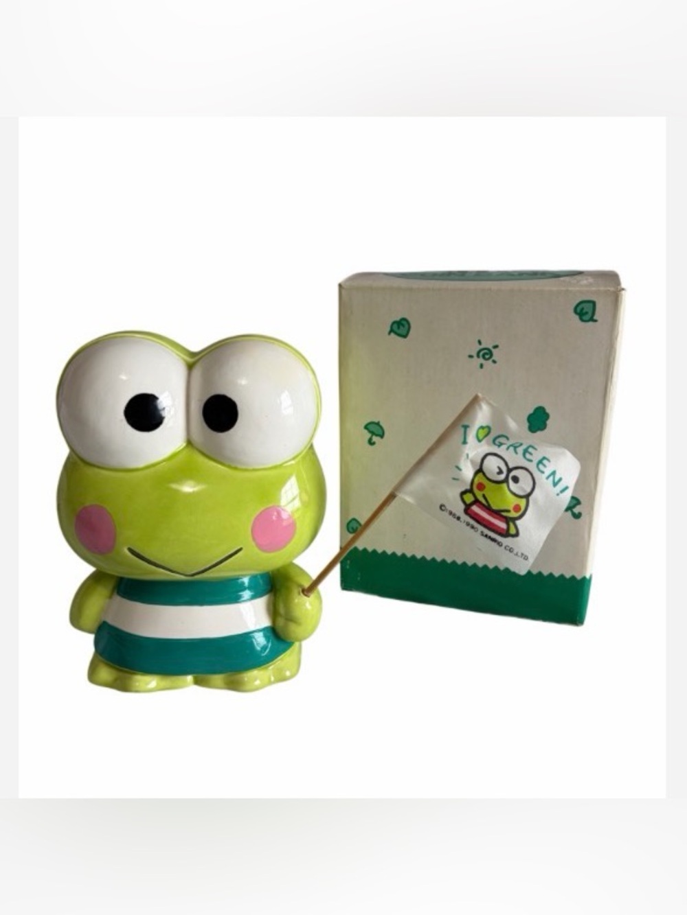 Vintage 1990 Sanrio Keroppi Green Frog Bank With Flag & Original Box